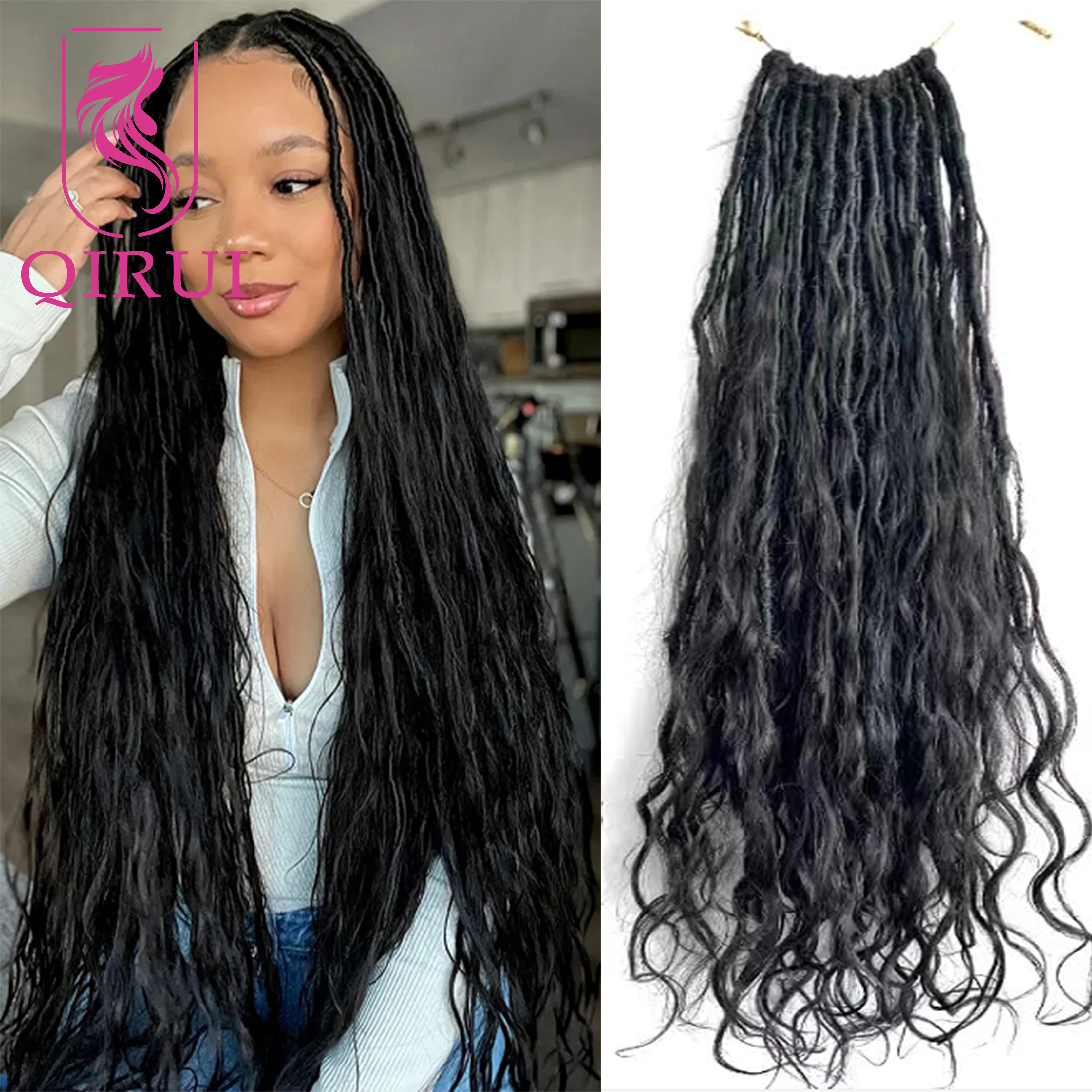 Pre-looped Crochet Boho Faux Locs with Human Hair Loose Wave Ends Boho Hair Braids Goddess Dreadlocks Hair Natural Black Color