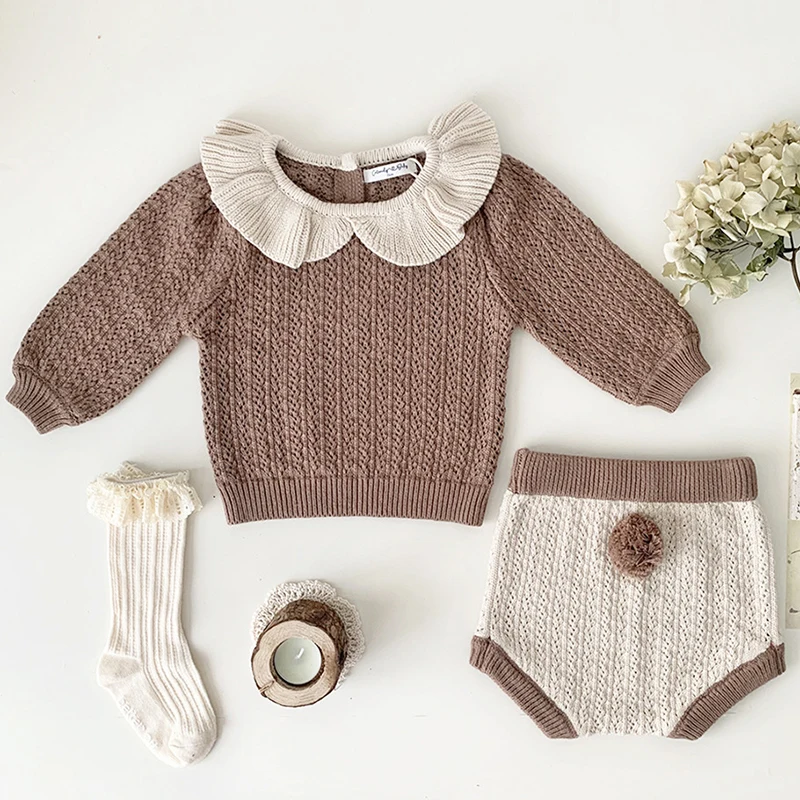 Autumn Spring Korean Style Newborn Baby Girls Clothing Set Long Sleeved Sweater+PP Shorts Toddler Baby Girl Clothes Suit