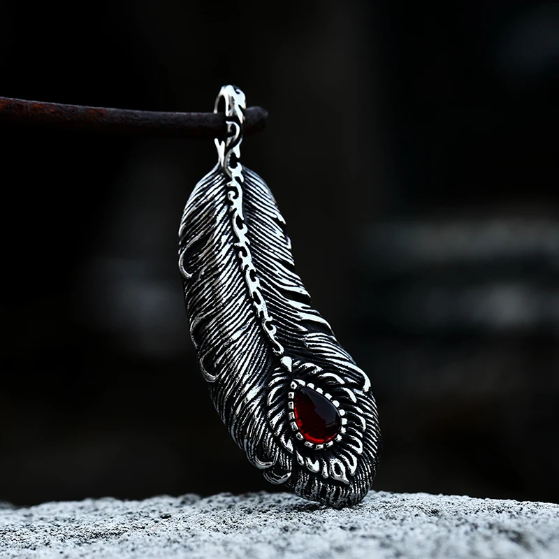 BEIER 2022 New Design Stainless Steel Feather Pendant Leaf Shaped Red Stone  Necklace Delicate Jewelry For Women Men\'s Jewelry