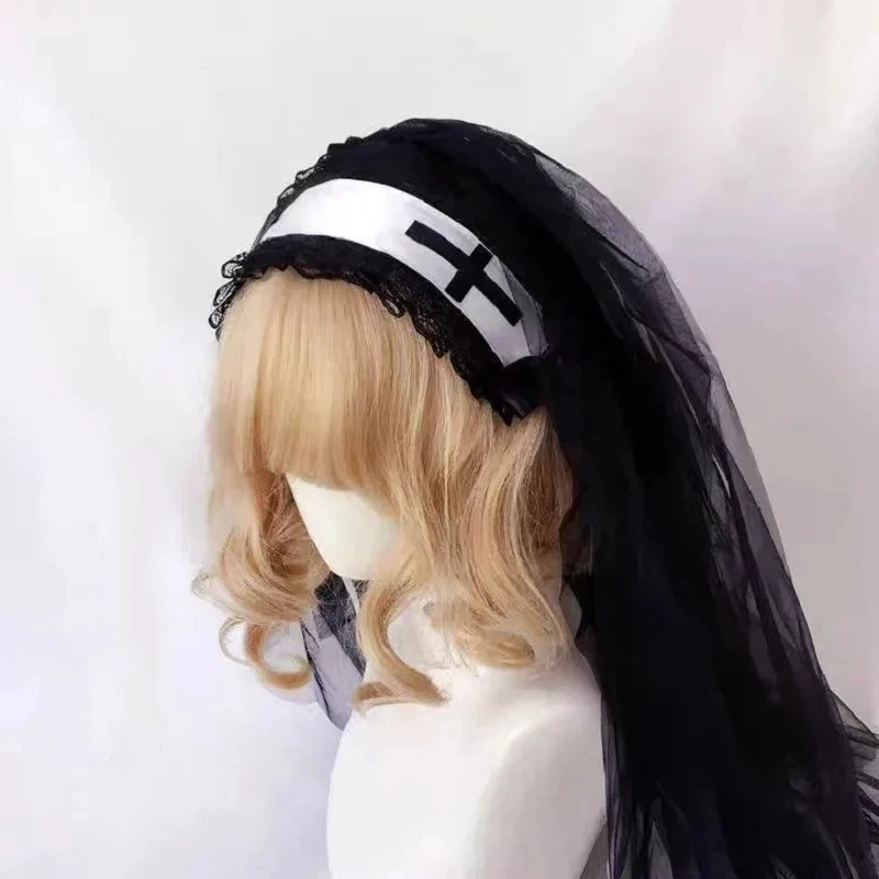 

Halloween Women Black Veil Headpiece Nun Cosplay Costume Props Gothic Lolita Carnival Party Headscarf