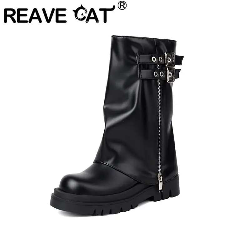 REAVE CAT Fashion Women Mid Calf Boots Round Toe Thick Heel 5cm Platform Decoration Bota Big Size 44 45