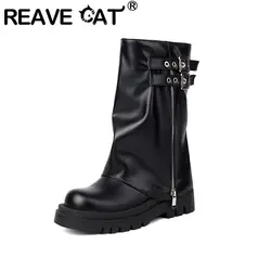 REAVE CAT Fashion Women stivali a metà polpaccio punta tonda tacco spesso 5cm decorazione piattaforma Bota Big Size 44 45