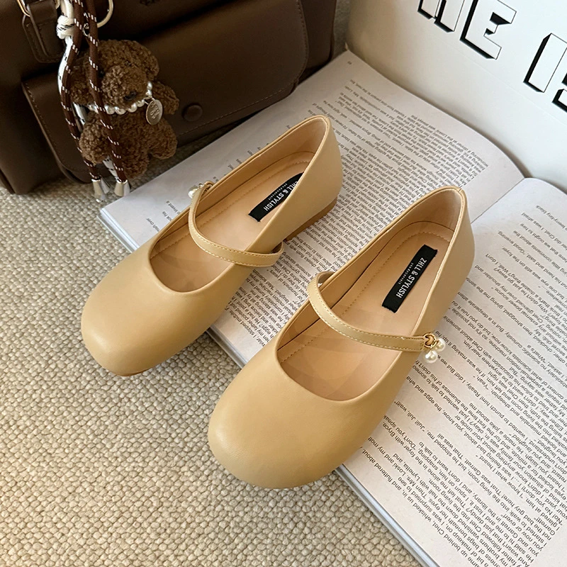 Zapatos planos de punta redonda de cuero suave de color beige para mujer con correa con hebilla de perlas, cómodos zapatos sin cordones para uso diario en la oficina, nuevos y cómodos