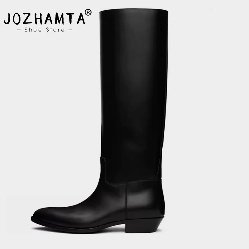 JOZHAMTA Size 34-43 2026 New Real Leather Boots For Women Knee Low Heels Winter Shoes Wide Calf Sexy Long Tall Western Boots