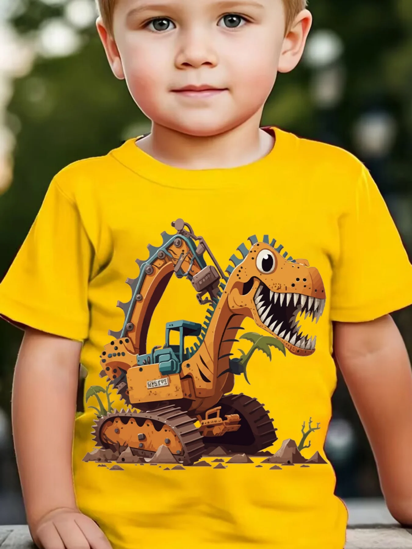 Summer Children's Fashionable Short Sleeved Dinosaur Excavator Element Printed Outdoor Casual Top, Parent-child Top