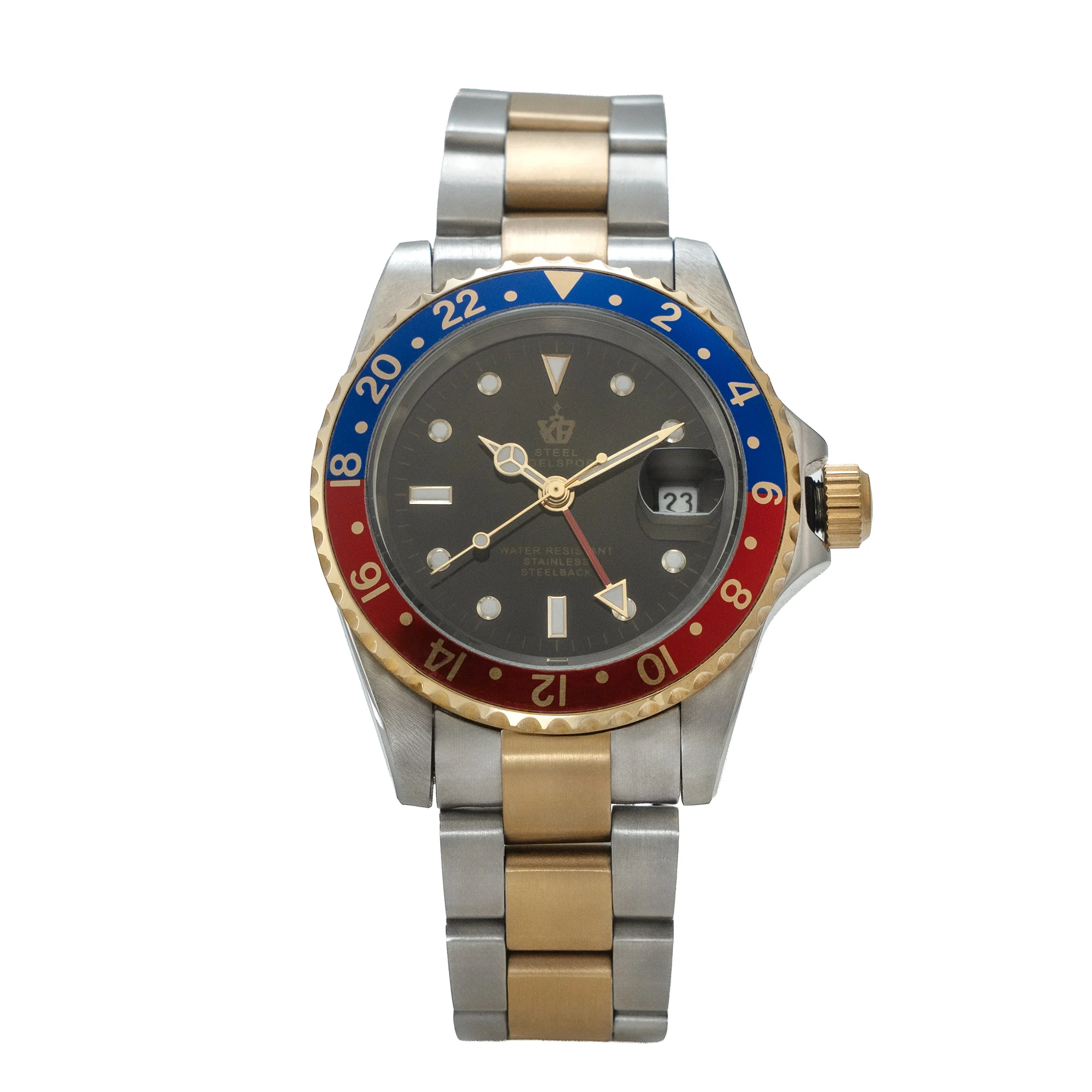 Two Tone Automatic Mechanical Watch Men GMT Dual Time Zone Rotating Bezel Calendar Waterproof Stainless Steel Business Wristwatc