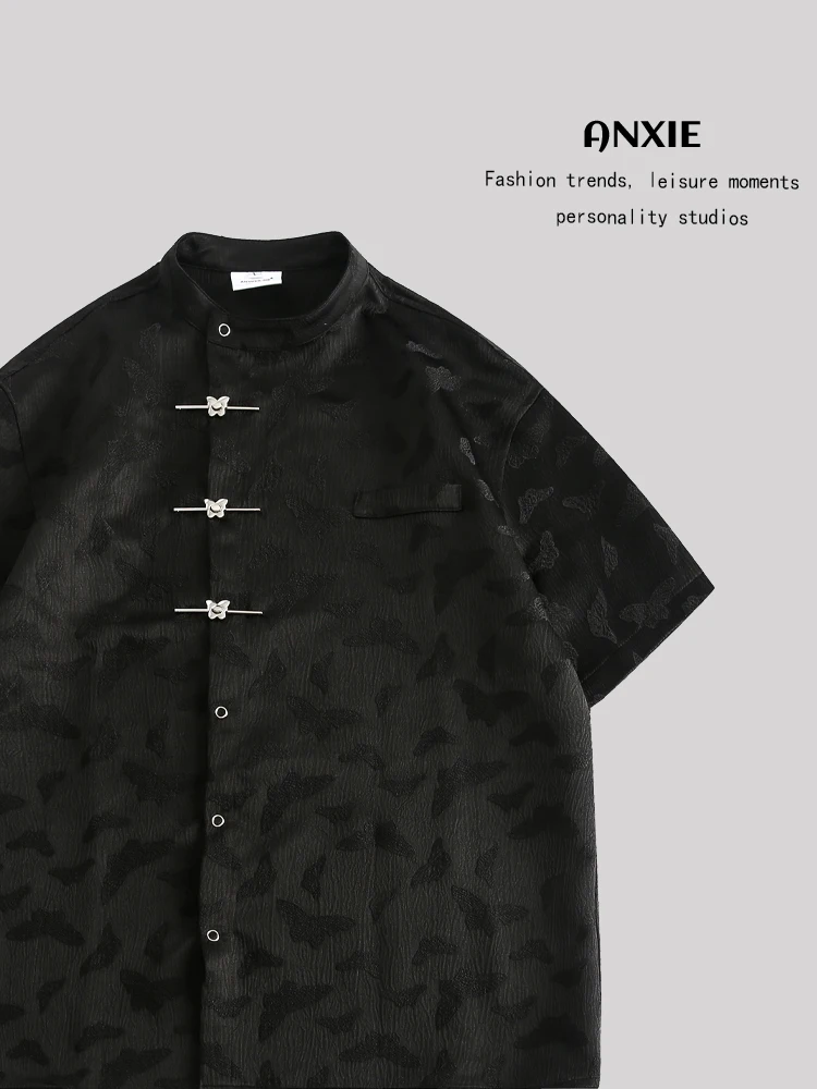 

ANXIE Short Sleeve Shirt Unisex Chinese Style Casual Fashion Summer Loose Fit Online Exclusive Flip Collar Leisure