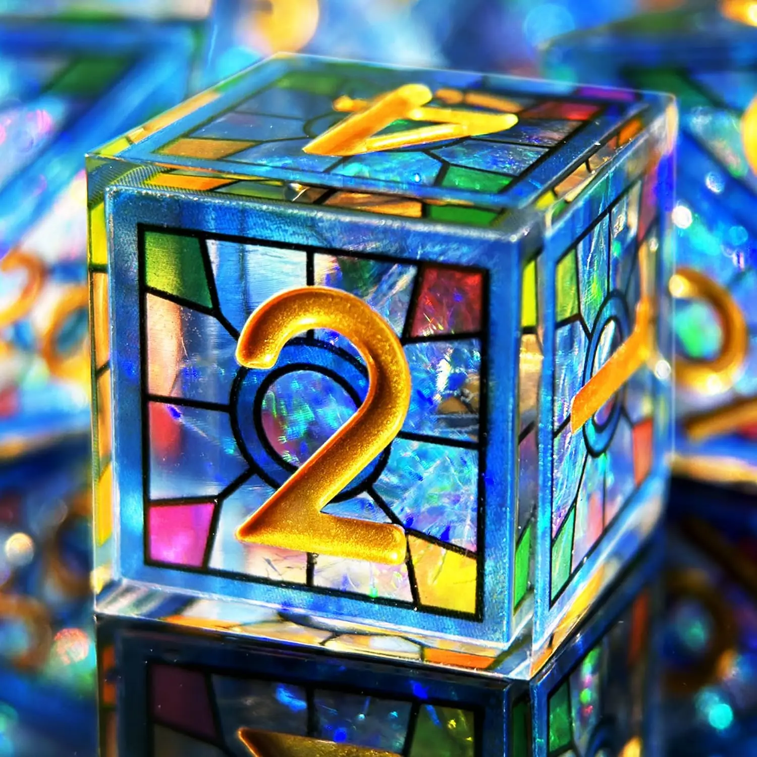 

Набор двухслойных полимерных кубиков с эффектом витражей и золотыми цифрами для ролевых игр D&D (цвет: голубое небо)