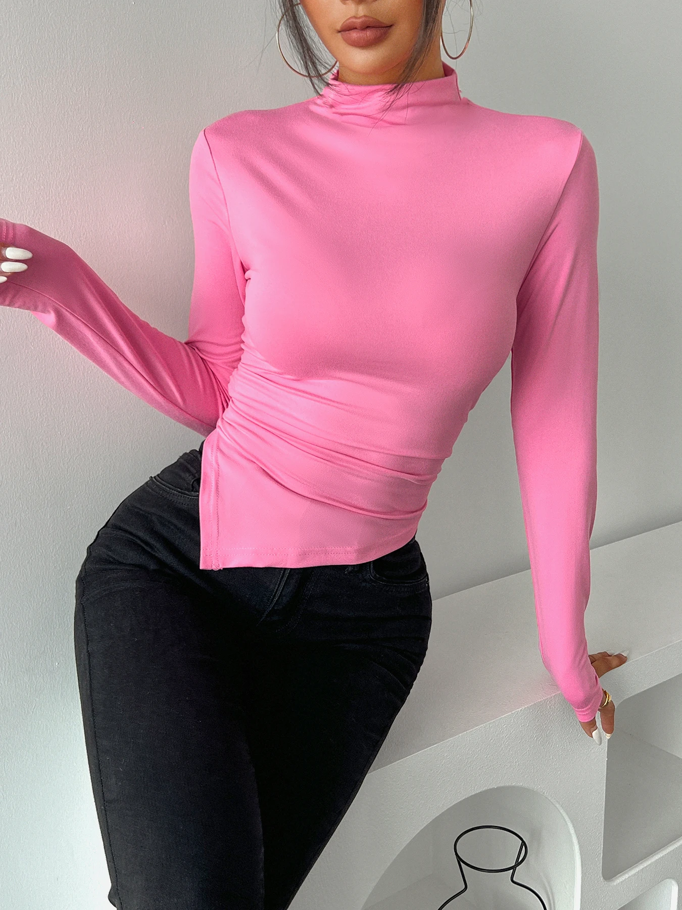 

Spring and Autumn New Slim Long Sleeve Top Sexy Hot Girl Fashion Design Small Turtleneck Women's T-Shirt