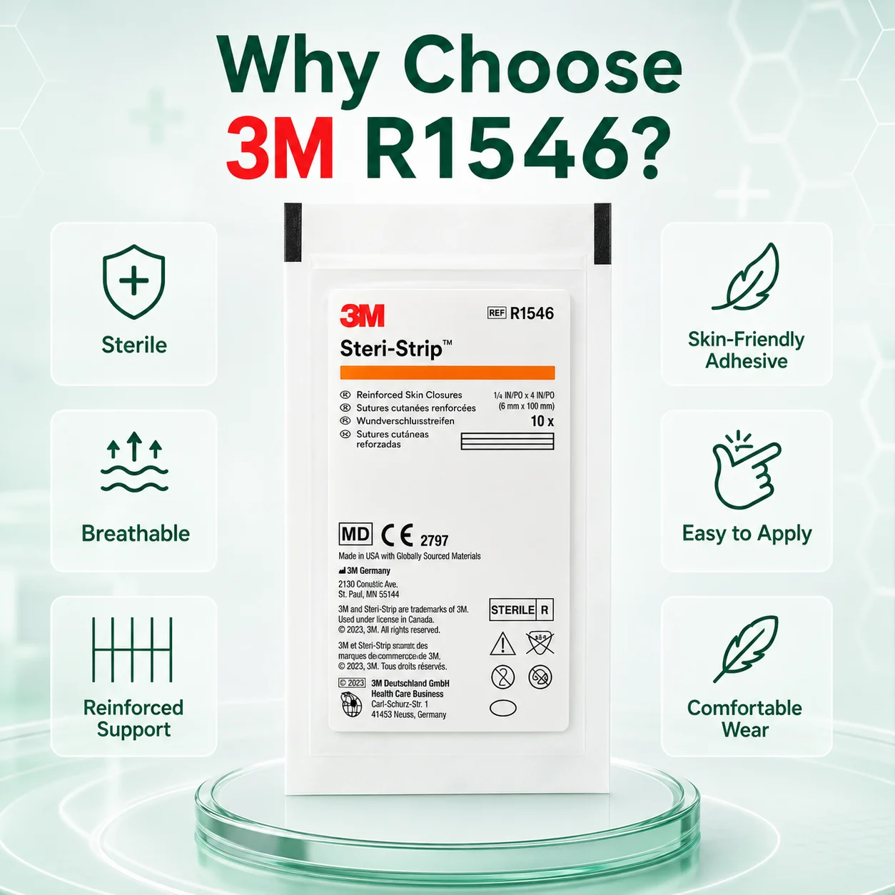 3M R1546 Steri-Strip Reinforced Skin Closure Strips Sterile Breathable Adhesive Wound Support For First Aid Home Care 6mmx100mm