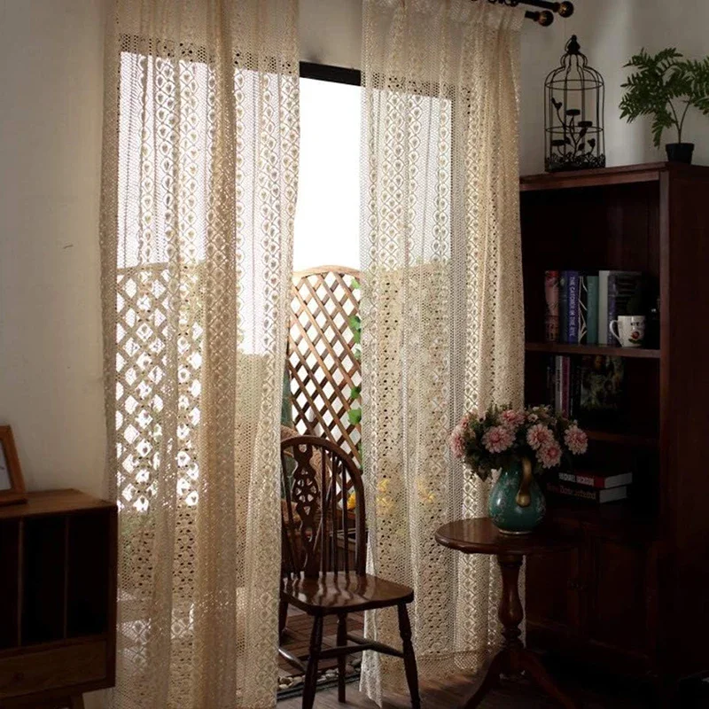 1 Panel Boho Curtains for Living Room Bedroom Vintage Handmade Crochet Farmhouse Hollow Out Knitting Lace Light Filtering Drapes