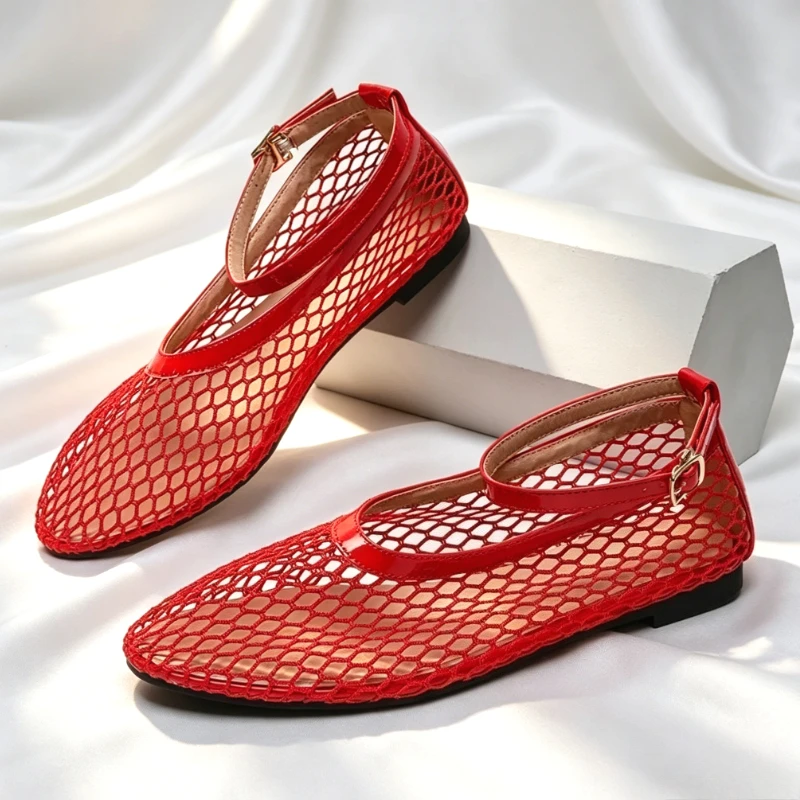 Summer Mesh Breathable Buckle Strap Design Flats Women Concise Hollow Detail Casual Shoes Light Comfortable Zapatos De Mujer