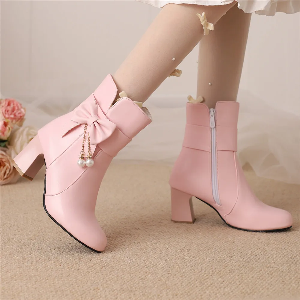 2024 Autumn New Women Side Zipper Bow Chain Beadwork Мартин Cапоги Comfortable Square Mid Heel Ankle Boots Fashion Shoes Chelsea