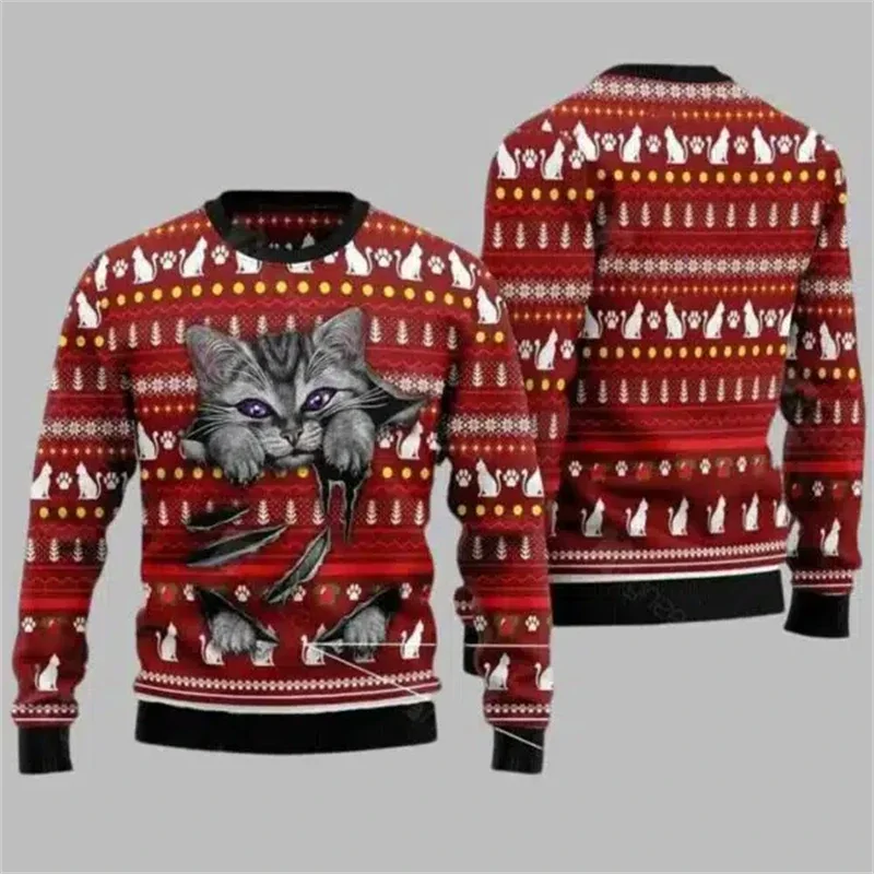 2026 Funny Cat Pattern Ugly Christmas Sweater For Women Fashion Autumn Crewneck 3D Printed Sweatshirt Loose Streetwear Pullovers