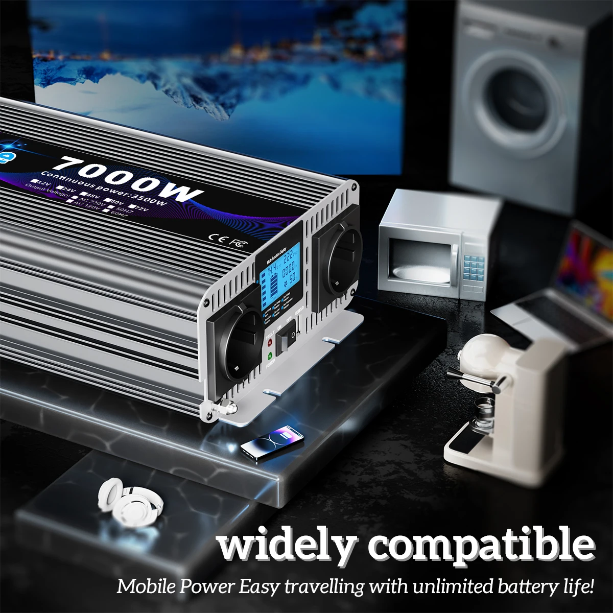 Pure Sine Wave Power Inverter 7000W 12/24V to 230V Converter for Truck, RV, Camping –CE Certified, LCD Display, Smart Protection