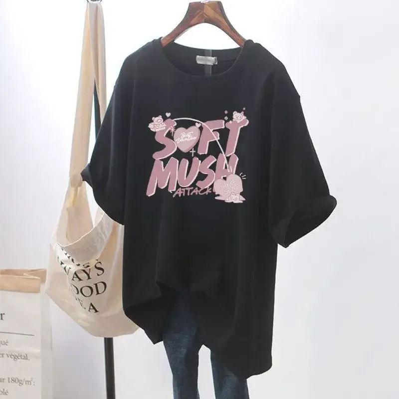 

Women Clothing All Cotton Printed T-shirt Summer Short Sleeve Basic Tees Female Casual Simple Fashion Pullovers AD-9