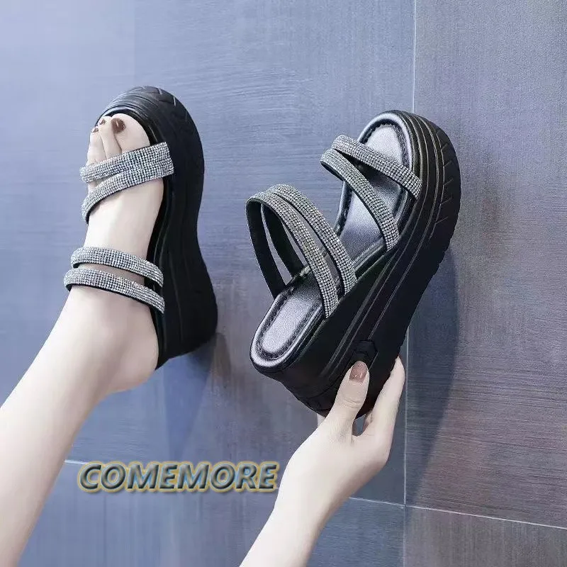 Crystal One Strap Slippers Bling Round Toe Luxury Women's Shoes 2024 New Platform Wedge Sandals Casual Outside Black Solid Sexy