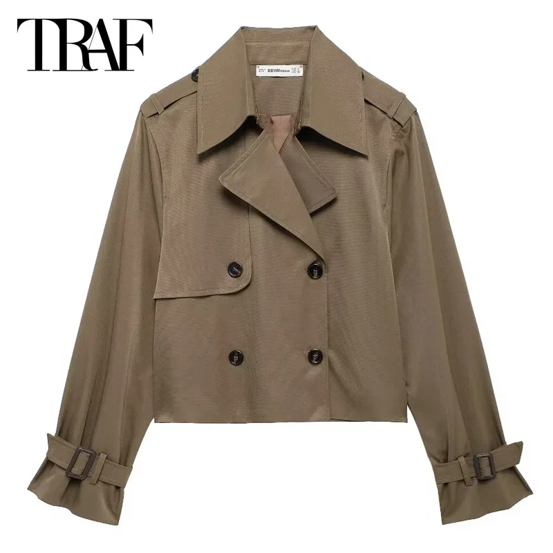 

TRAF Cropped Trench Coats 2024 Women's Autumn Winter Khaki Long Sleeve Jacket Outerwears Outdoor Short Windbreaker Coats