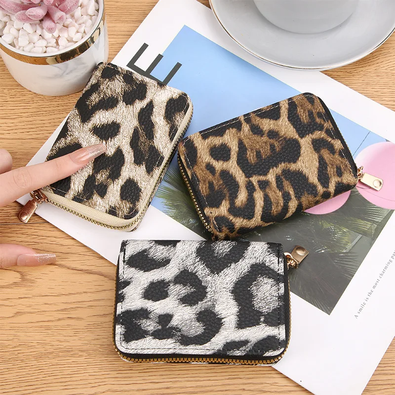 

New Style Leopard Print Multi-Card Slot Single Pull Accordion Card Holder Short Coin Purse Id Cover