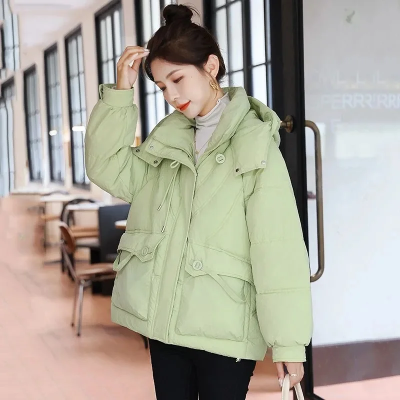 Damska kurtka puchowa na jesień i zimę 2025, lekka, z kapturem, luźna, ciepła parka, odzież wierzchnia.