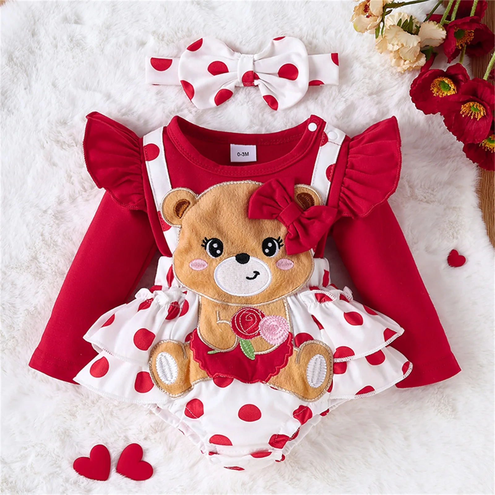 

Cute Baby Girl Dot Print Romper Long Sleeve Round Neck Cartoon Bear Embroidery Bodysuits Jumpsuit with Bow Headband Clothes