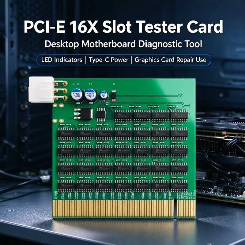 PCI-E 16X Slot Tester Card, Desktop Motherboard Diagnostic Tool, with LED Indicators and Type-C Power for Graphics Card Repair