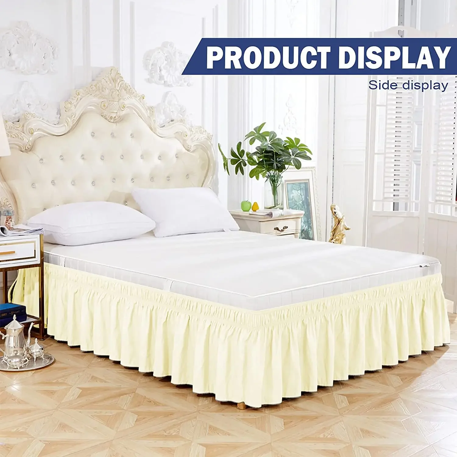 Thicken Wrap Around Dust Ruffle Bed Skirt- Easy Fit Elastic Strap Pleated with Premium Fabric - Wrinkle Free, Machine Wash