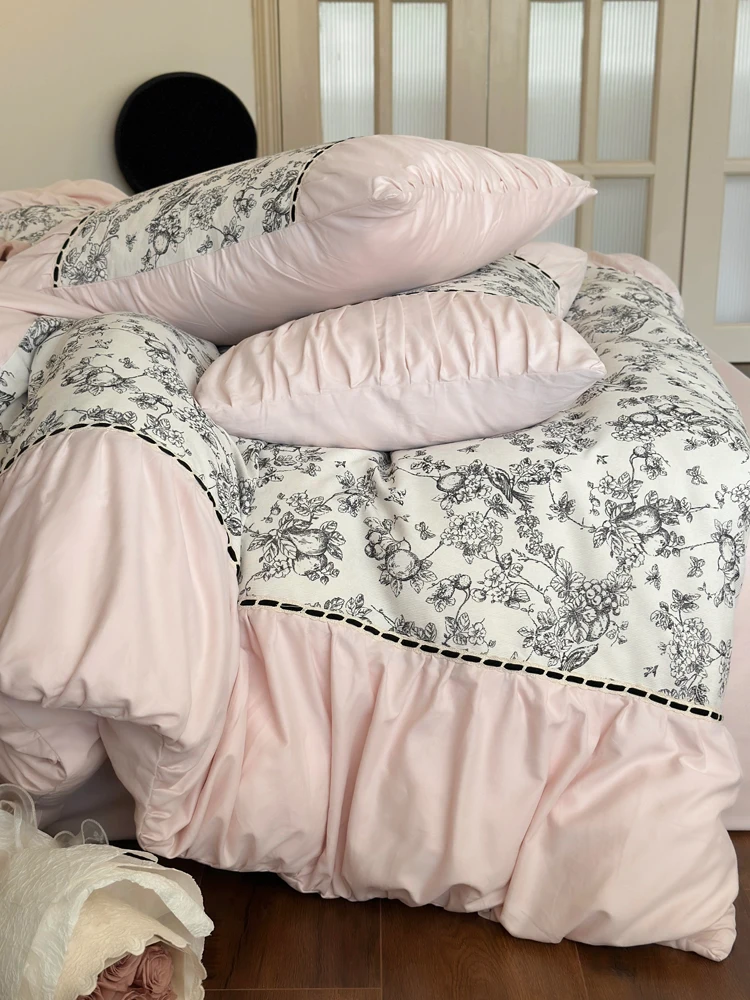 Winter 100% Cotton Korean Princess  Bedding Set Thickened Retro French Duvet Cover Sets Flower Bed Skirt  Skin-friendly Fabrics