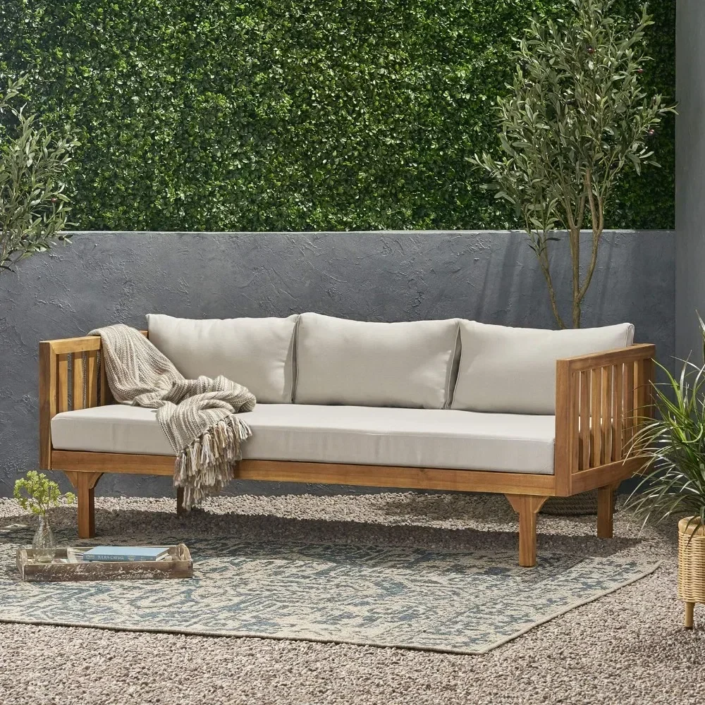 

th Outdoor 3 Seater Acacia Wood Daybed, Teak Finish, Light Grey