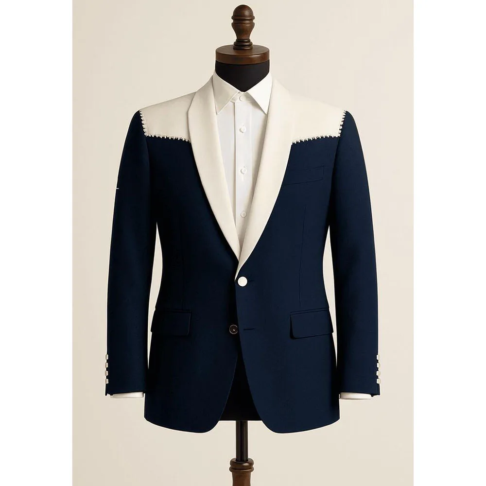 

Navy Men Suits White High Quality Single Breasted Collar Business Formal Occasion Male Clothing Fashion Special Male Clothing