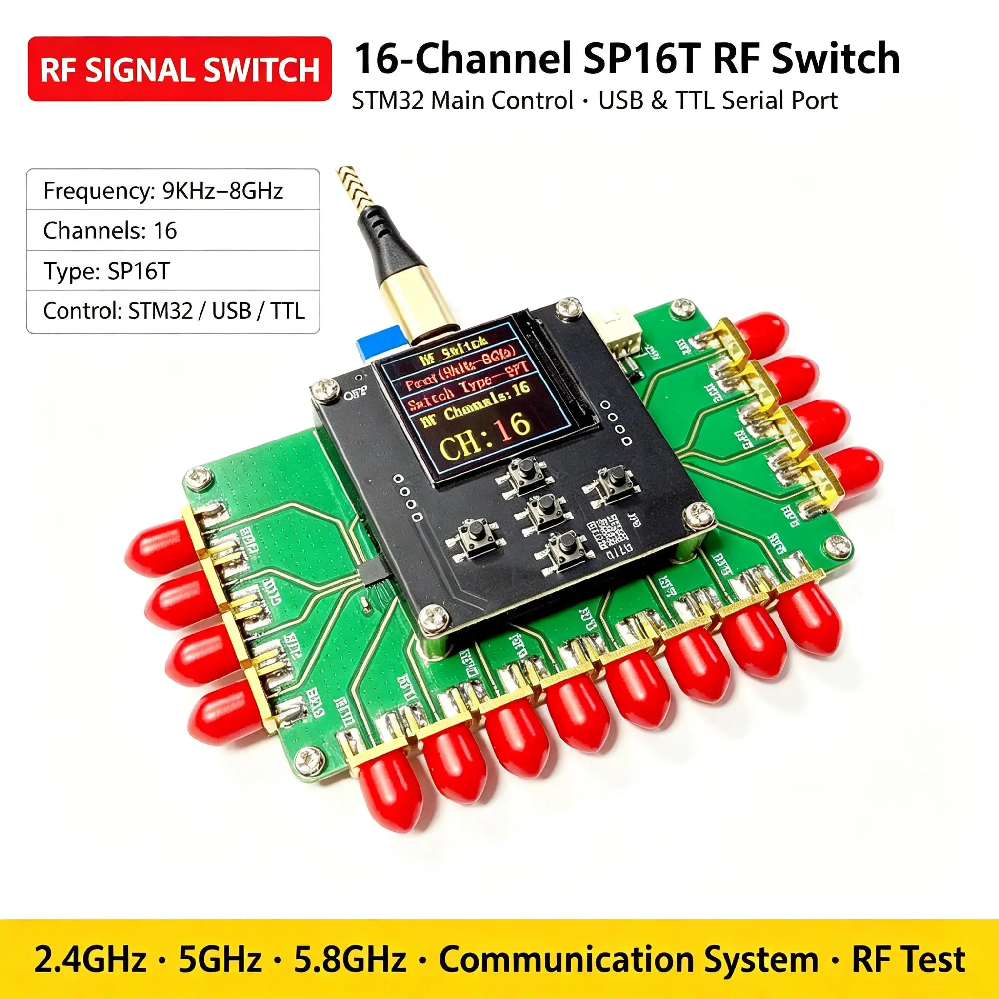DYKB 9KHz-8GHz SP16T RF Switch Low Loss High Isolation 16 Channel SMA 50Ω Solid-State Signal Routing Test Measurement Module