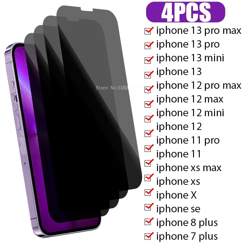 

4Pcs Anti Spy Tempered Glass for iPhone 15 14 Pro Max 13 12 Mini 11 Pro Screen Protectors for iPhone 6 7 8Plus XS Max XR SE 20