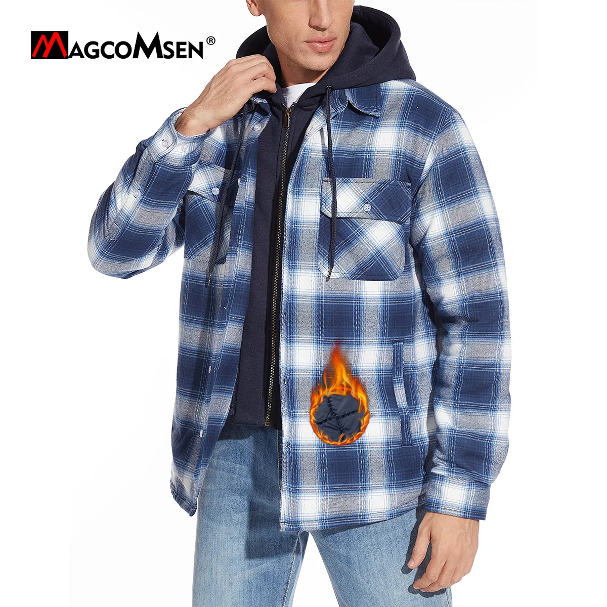 MAGCOMSEN Men's Flannel Jacket with Removable Hood 5 Pockets Plaid Quilted Lined Winter Coats Thick Hoodie Outwear Fleece Jacket