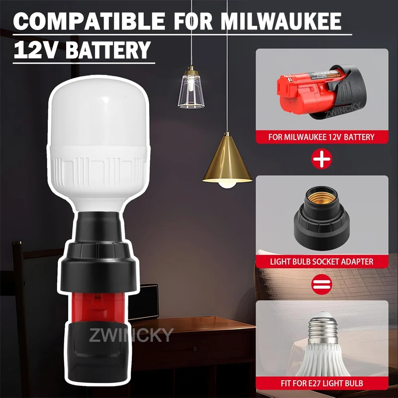 

LED Work Light For Milwaukee 12V Li-ion Battery E27 Light Bulb Socket Adapter Protable Flashlight Flood Light Emergency Lighting