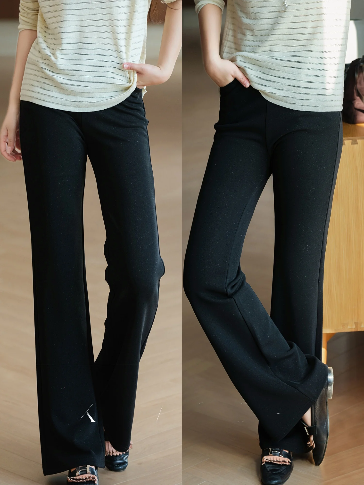 Slimming Micro Flared Little Black Pants High Waist Polyester Fiber 95% Spandex 5% Custom Made Shiny Thread Bright Silk
