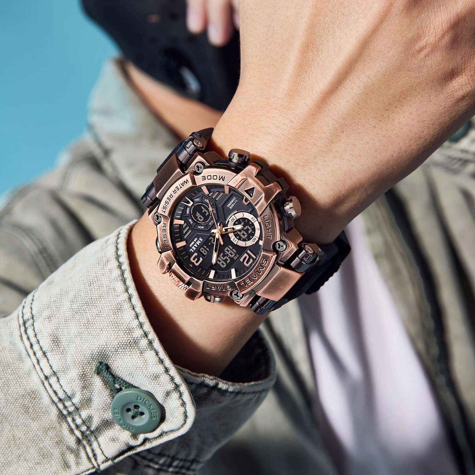 SMAEL Men Watches Military Style Fashion Bronze Zinc Alloy Case Quartz Digital Watch Man Stopwatch Alarm Clock Week Wristwatch