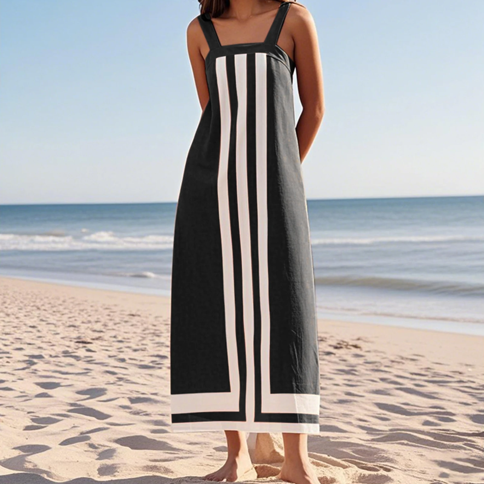 Vakantie Dames Gestreepte Patchwork Lange Tankjurk Losse Vierkante Hals Mouwloze A-lijn Jurk voor Dagelijks Reisfeest