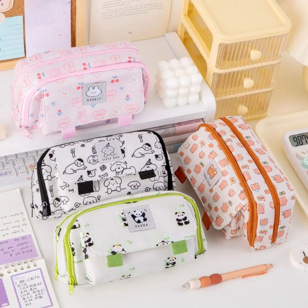 Cute Pen Case Large Capacity Animal Stationery Storage Bag Multiple Pockets Polyester Fiber Pen Organizer Pouch Student