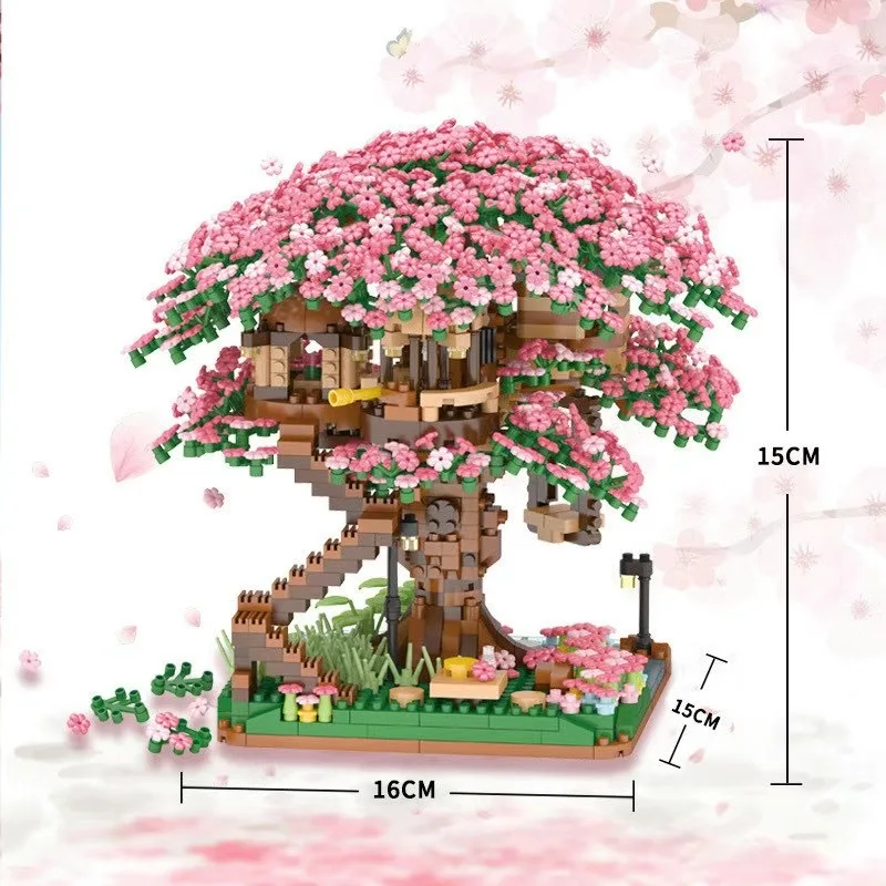 2000Creative Sakura Tree House Building Blocks City Street View Architecture Model Micro Assemble Brick Toy Kid Girl Adult Gift