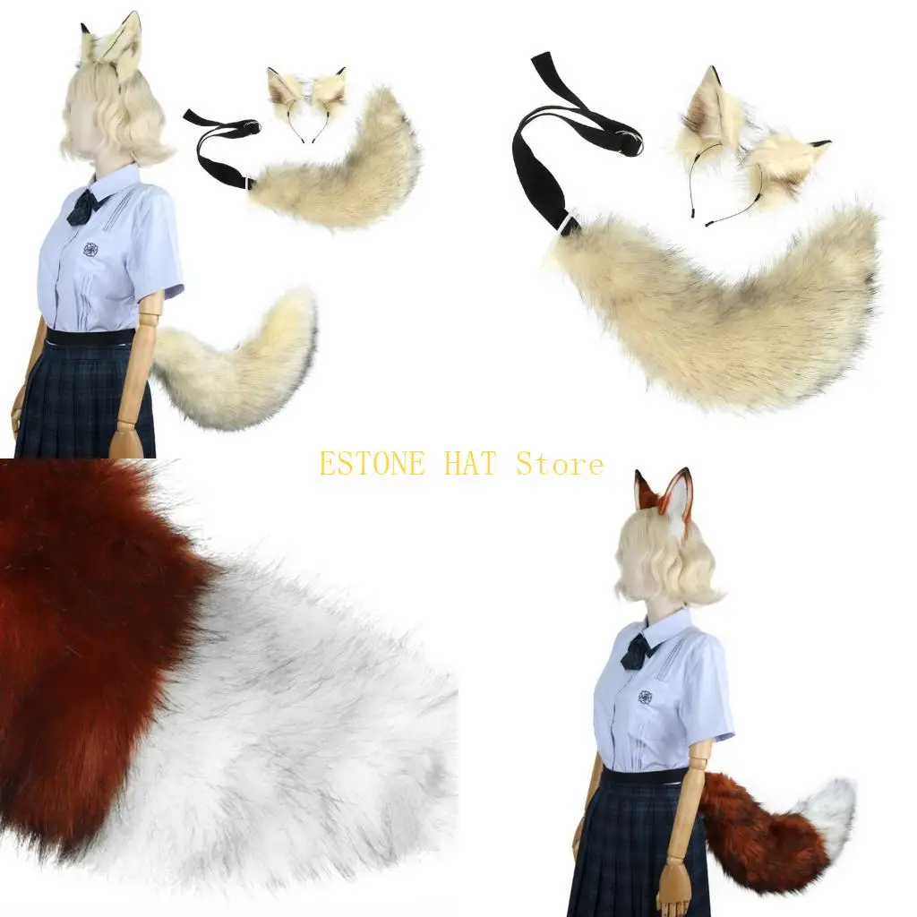 

49MF мягкая удобная повязка на голову с ушками животных из полиэфирного волокна и пушистым хвостом для захватывающего косплея,