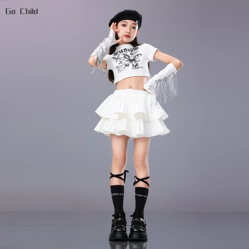 Hip Hop Kids Sweet Crop Top Street Dance Tiered Skirts Girls Streetwear Children Jazz Cheerleader Costumes Stage Clothes Sets