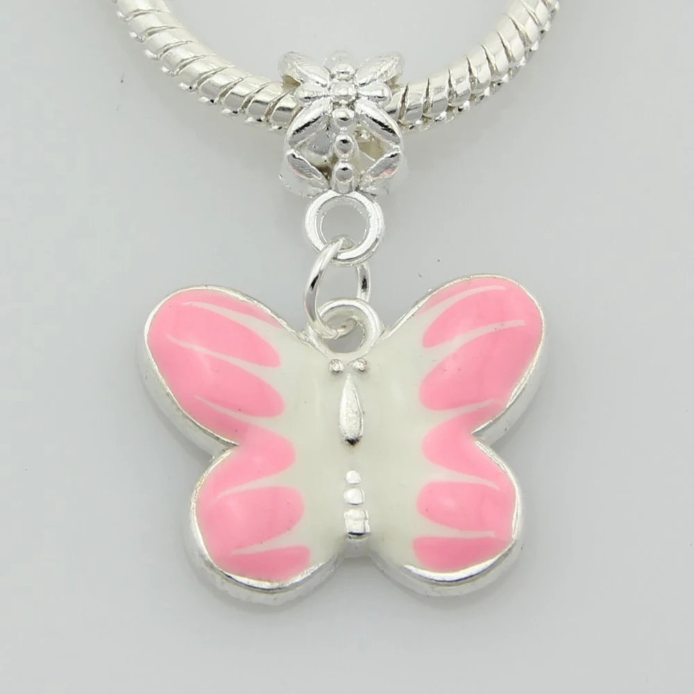 20 Pcs/Lot Silver Plated Pink Butterfly Dangle Charms Fit Bracelet DIY EE16