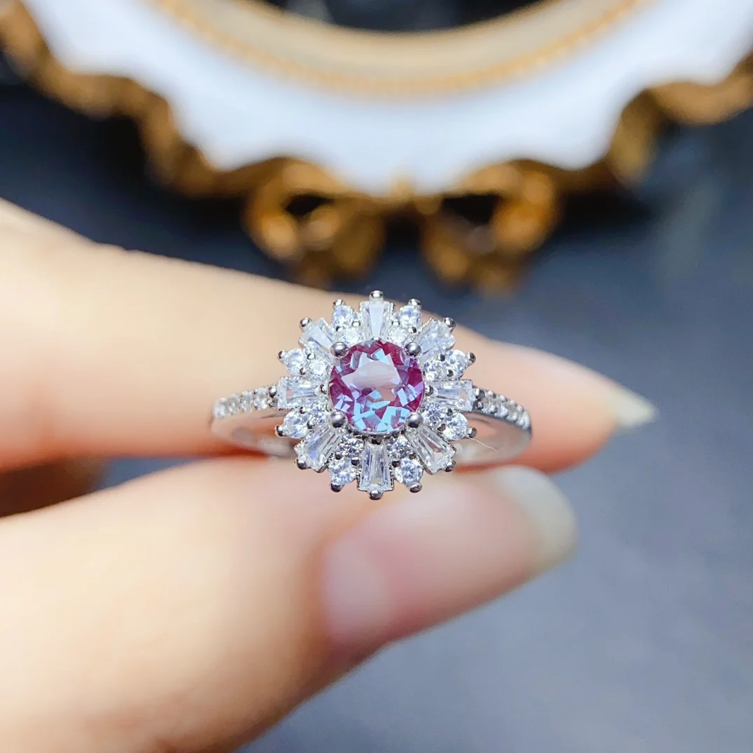 June Birthstone Alexandrite with Simulated CZ Halo Fashion Ring 925 Sterling Silver Alexandrite Engagement Ring For Gift