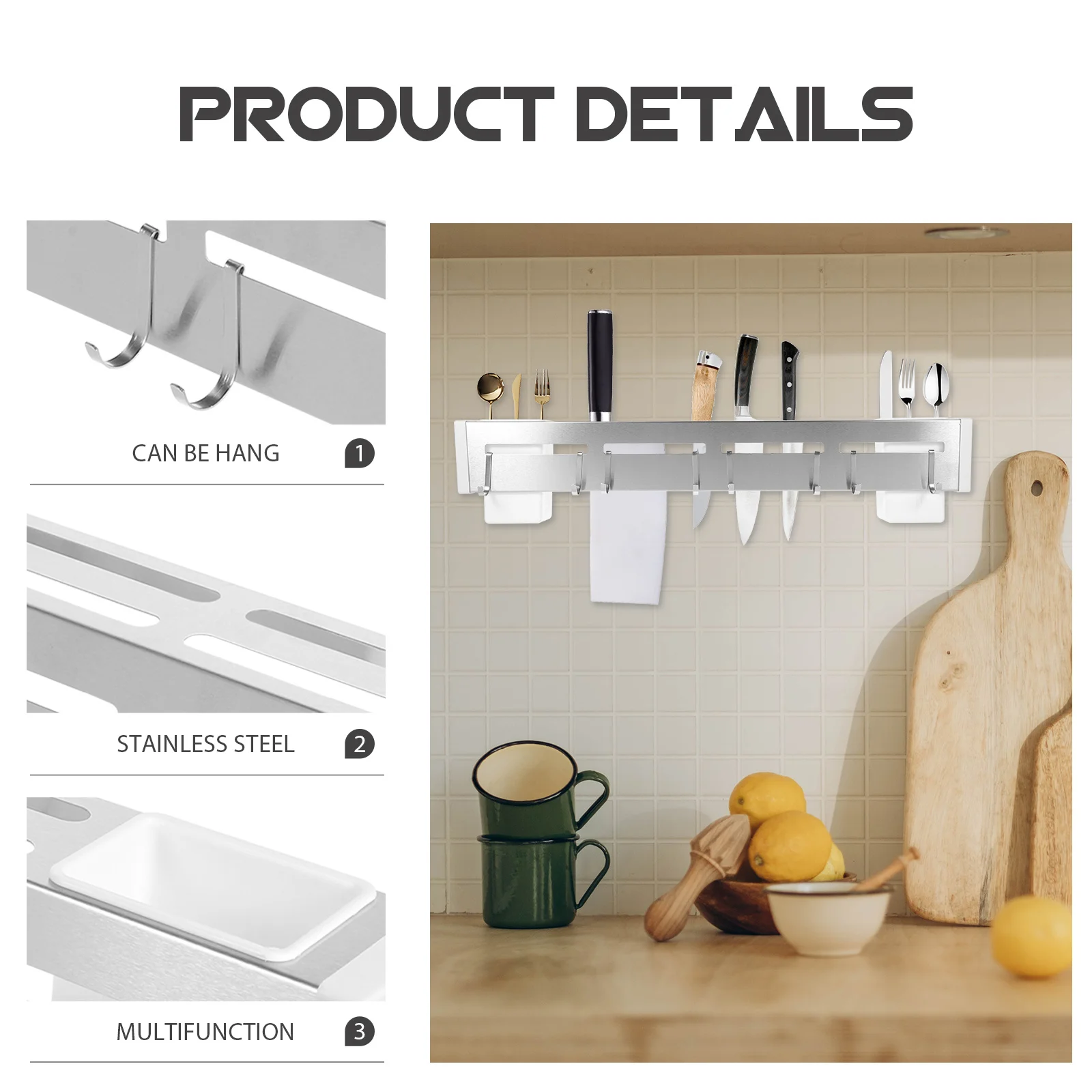 

Wall Mounted Kitchen Cutter Organizer Stainless Steel Storage Rack for Cutters and Chopsticks No Hole Installation Utensil Wall