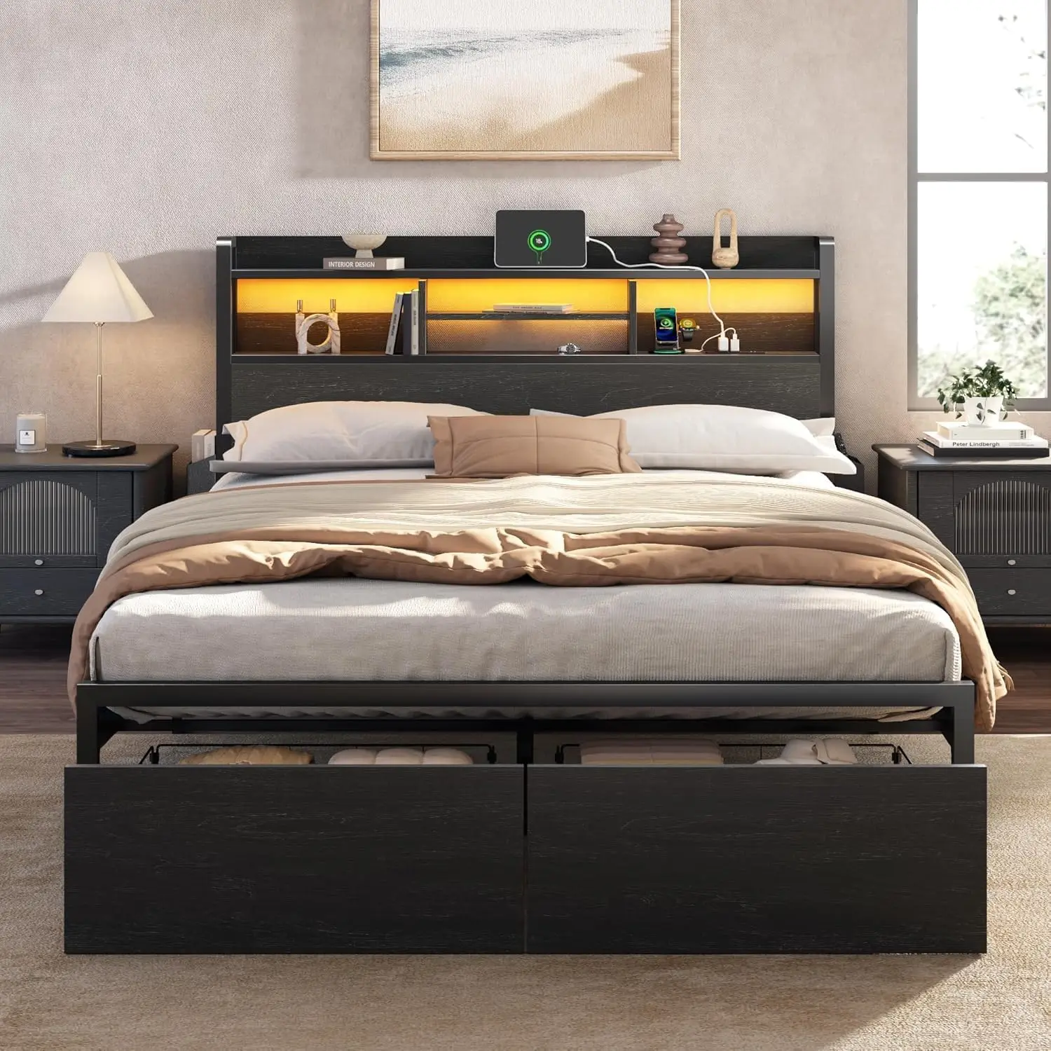 Full Size Bed Frame Featuring a Headboard, Charging Station and Two Drawers