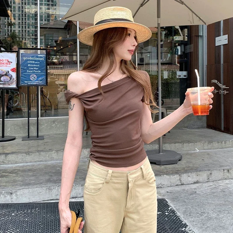 

Модная сексуальная тонкая футболка со складками и открытыми плечами и короткими рукавами, летний женский укороченный топ