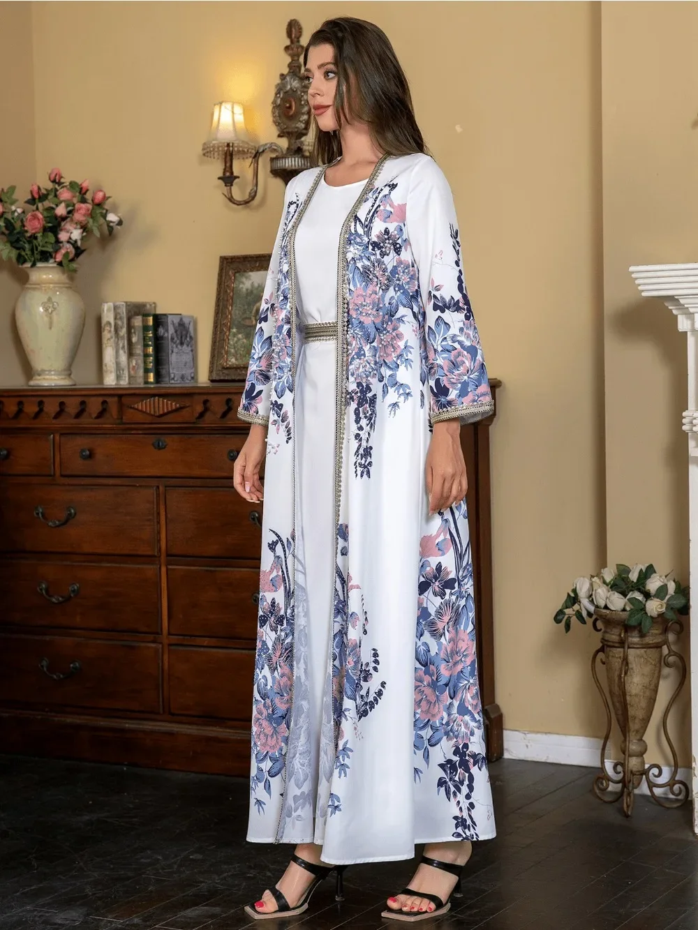 Eid Muslim Abaya for Women Flower Print Dresses Moroccan Kaftan Ramadan Dubai Abayas Party Vestidos Arab Long Robe Jalabiya 2024