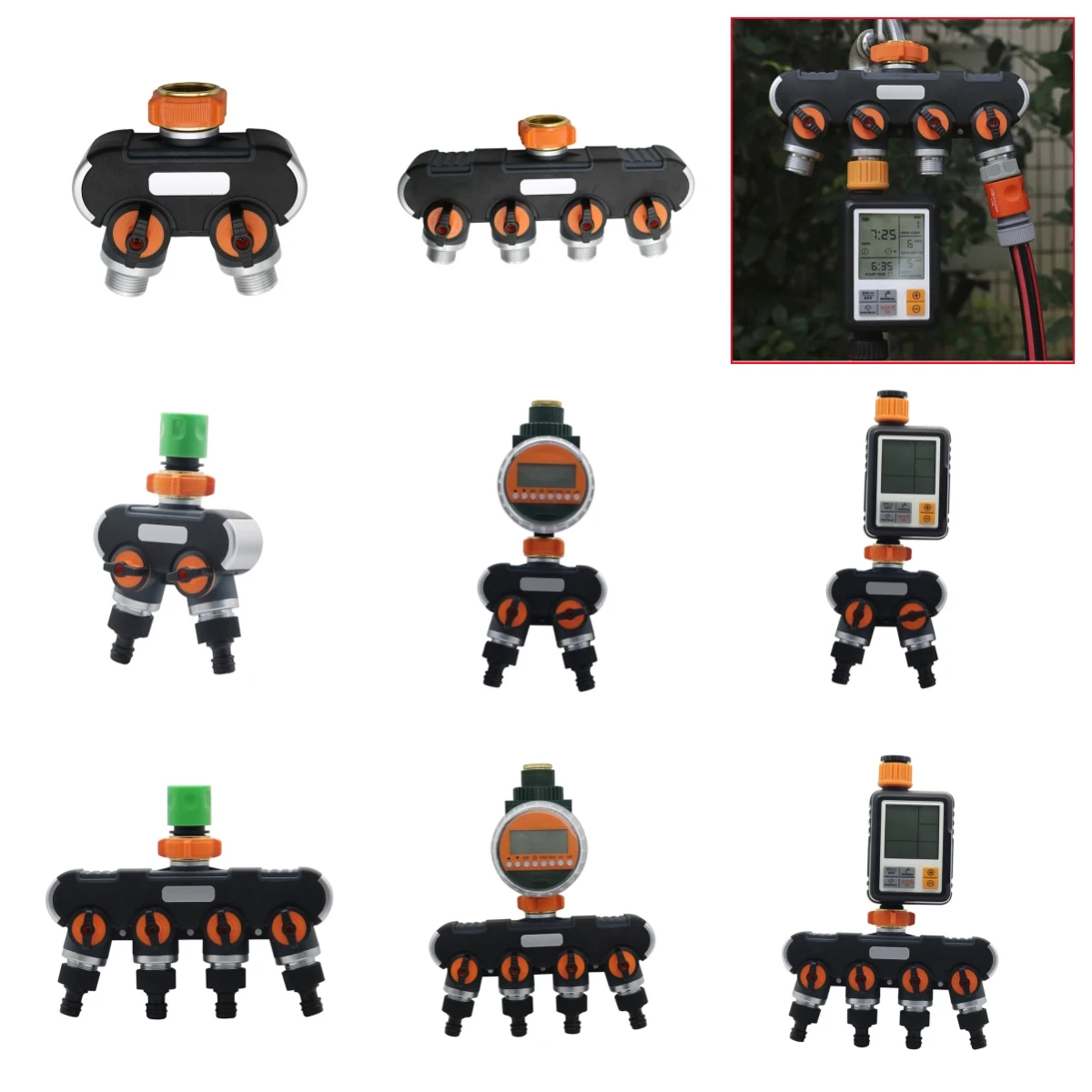 

2-way 4-way Garden Hose Splitter with Quick Connectors and Automatic Water Timer 3/4" Tap Distributor Lawn Irrigation Diverter