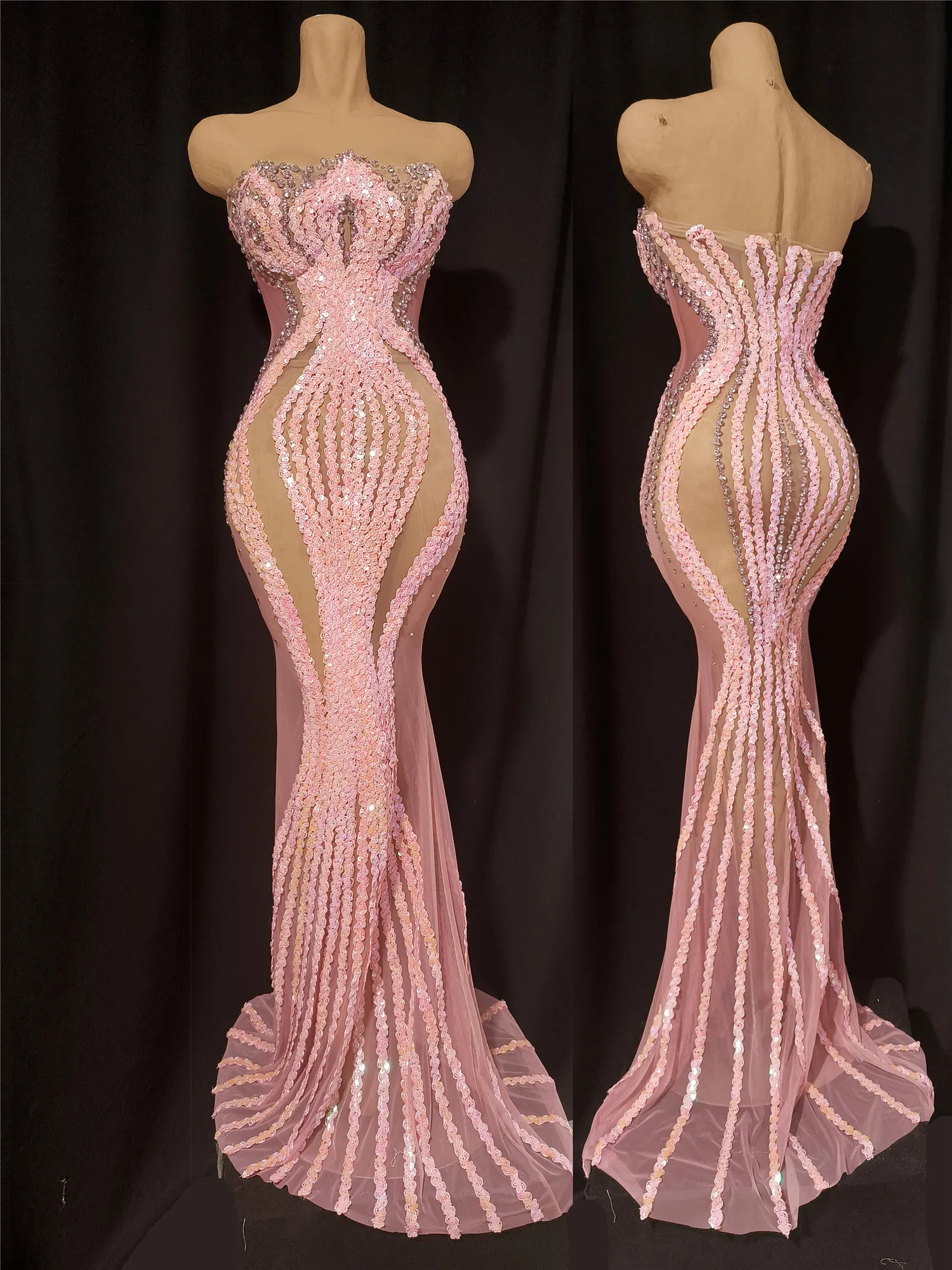 

Женское роскошное розовое платье макси с блестками, стразами и пайетками, прозрачное, для выступлений в ночном клубе, фотосессий
