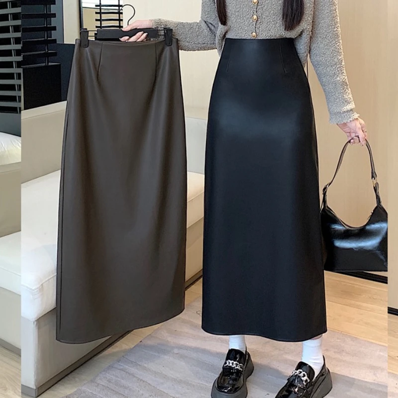 

High Waist Vintage Washed PU Leather Women's Sheath Wrap Long Skirts 2025 Autumn Winter Back Split Office A-line Skirts Female